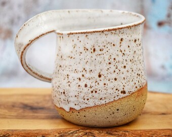 Unique Left Hand Mug, Wheel-thrown Left Handed Mug, White Tin Glaze, Flecked Stoneware, Ceramic, OOAK Pottery, UK Studio Pottery, 300ml