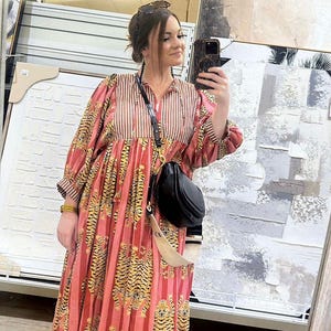 Floral Block-Print Baumwoll-Gauze Midi Kleid, Tiefer Hals