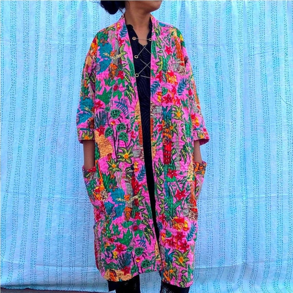 Frida kahlo kantha veste indienne faite à la main japonais kimono style kantha robe d’hiver veste rose cravate ceinture manteau