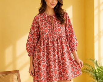 Vestido midi Kyra con estampado floral naranja, minivestido, vestido de verano de algodón suave, vestido de primavera, vestido veraniego, escote pronunciado con cierre de cordón.