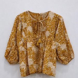 Mustard Block Print Peplum Top | Floral Boho Blouse for Women | Indian Cotton Puff Sleeve Shirt | Handmade Cottagecore Tunic