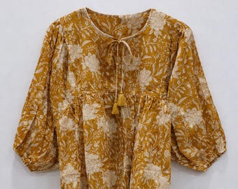 Blusa Peplum com Estampa Mostarda | Blusa Boho Floral Feminina | Camisa Indiana de Algodão com Mangas Bufantes | Túnica Cottagecore Feita à Mão