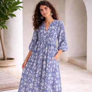 Vestido midi bohemio con estampado de bloques azules, vestido de algodón floral, vestido indio hecho a mano, vestido bohemio, vestido casual de verano, vestido cottagecore