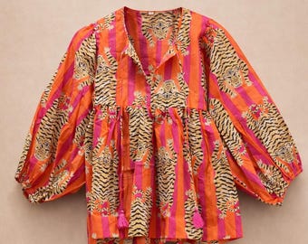 Hand Block Cotton Peplum Blouse, Orange Pink Tiger Print, Boho Tunic