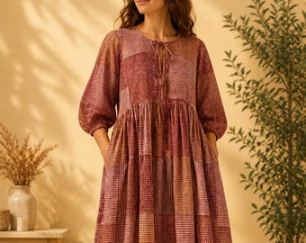 Checks Hand Block Print Midi Dress for Women, Cotton Summer Dress, Boho Midi Dress, Cottagecore Dress, Vacation Dress, Handmade Dress
