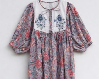 Floral Hand Block Print Cotton Midi Dress: Bohemian Kyra Style