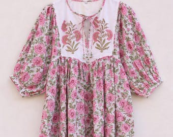 Floral Block Print Midi Dress, Deep Neck Cotton Gauze Dress