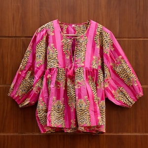 Pink Tiger Print Cotton Blouse, Block Print Boho Peplum Top, Puff Sleeve Statement Shirt, Handmade Indian Jungle Top