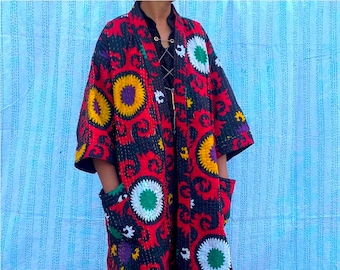 Handmade Suzani Print kantha jacket Japanese kimono style reversible kantha robe winter jacket multi colored tie belt coat