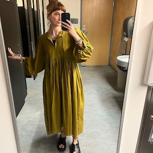 Green Cotton Gauze Midi Dress: Deep Neck Lined Bust