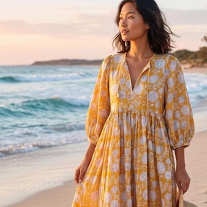 Floral Hand Block Print Cotton Midi Dress | Bohemian Style, String Closure