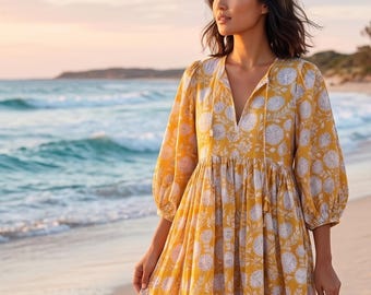 Floral Hand Block Print Cotton Midi Dress | Bohemian Style, String Closure