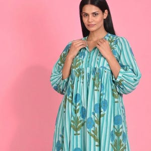 Block-Print-Kleid, Damenkleid, Baumwollkleid Sommerkleid Damen, Blumenkleid Damen, Boho-Kleid, Strandkleid, Boho-Strandhochzeitskleid