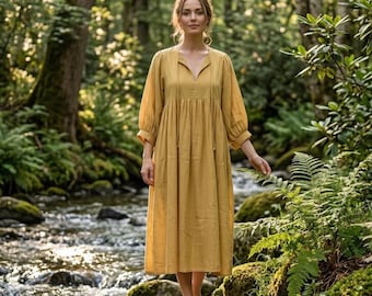 Vestido midi de algodão orgânico, estilo cottagecore, com modelagem solta, franzido macio e fluido, caimento confortável, túnica boho, vestido de verão descontraído plus size.