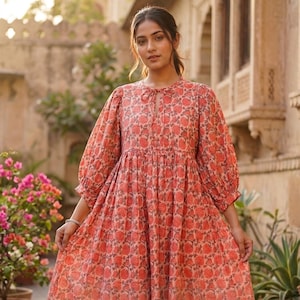 Vestido midi bohemio floral rosa, vestido azafrán con estampado de bloques, vestido de verano estilo cottagecore, vestido bohemio para festivales, vestido de algodón de corte holgado