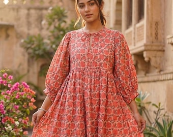 Vestido midi bohemio floral rosa, vestido azafrán con estampado de bloques, vestido de verano estilo cottagecore, vestido bohemio para festivales, vestido de algodón de corte holgado