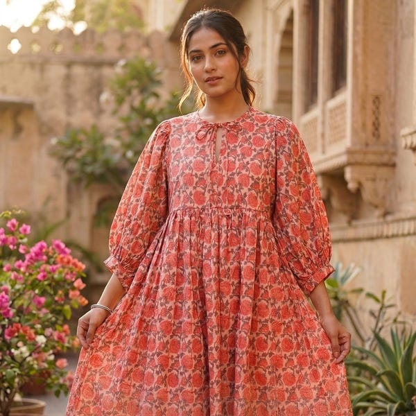 Rosa Blumen Boho Midi Mini Kleid, Safran Kleid mit Blockprint, Cottagecore Sommerkleid, Boho Festival Kleid, Loose Fit Baumwollkleid