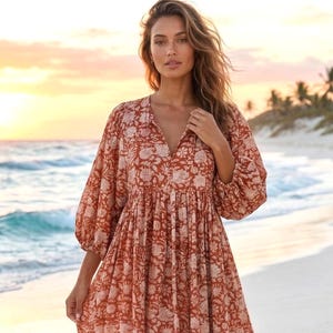 Rust Floral Indian Block Print Midi Dress | Cotton Gauze Boho Cottagecore Style
