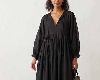 Solid Black Cotton Maxi Dress for Women - Boho Long Sleeve Dress - Relaxed Fit V-Neck Summer Gown - Oversized Flowy Peasant Dress