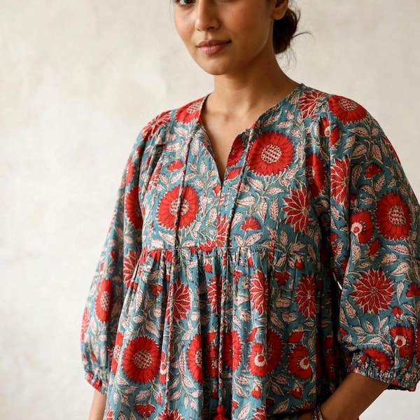 Floral Block Print Top for Women, Cotton Blouse, Boho Peplum Tunic, Puff Sleeve Shirt, Summer Cotton Top, Handmade Indian Top