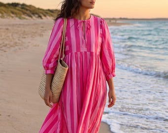 Pink Stripes Tiger Print Cotton Gauze Dress