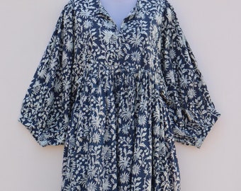 Blue Floral Cotton Midi Dress, Boho Cottagecore Dress, Loose Puff Sleeve Cotton Dress, Handmade Summer Vacation Dress
