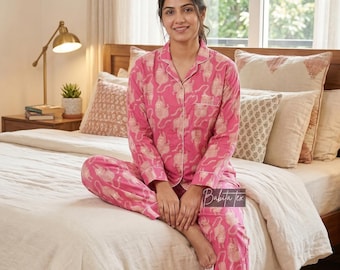 Conjunto de pijama com estampa de tigre rosa | Roupa de dormir 100% algodão puro | Roupa de dormir com estampa feita à mão | Pijama com estampa animal | Tamanhos do PP ao 3XG