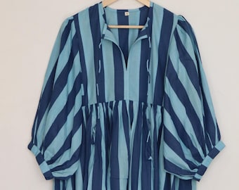 Gestreepte katoenen midi-jurk met handblokprint | Jurk van bohogaas