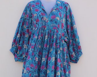 Handblock Cotton Dress: Floral Block Print, Deep Neck