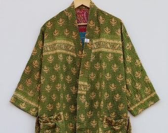 Women Wear Cotton Quilted Coat, Vintage Kantha Quilted Reversible jacket, Kimono Style Jackets, Indian handmade House Robe