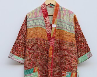 Women Wear Cotton Quilted Coat, Vintage Kantha Quilted Reversible jacket, Kimono Style Jackets, Indian handmade House Robe