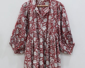 Cottagecore Cotton Dress, Floral Midi Dress, Hand Block Print Sundress, Boho Summer Vacation Dress