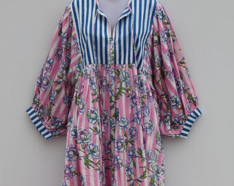 Pink Floral Cotton Midi Dress, Stripe Cottagecore Dress, Boho Puff Sleeve Dress, Loose Summer Cotton Dress, Casual Vacation Dress