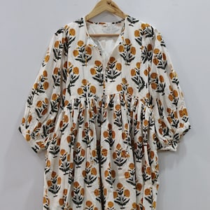 Marigold Floral Block Print Dress, 100% Cotton Boho Maxi Dress, Indian Jaipur Print Smock Dress, Balloon Sleeve Tunic, Loose Fit Dress