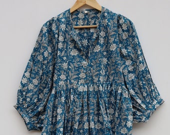 Floral Cotton Gauze Dress: Deep Neck Block Print Mini Dress