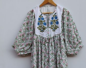 Floral Hand Block Print Cotton Midi Dress: Bohemian Kyra Style