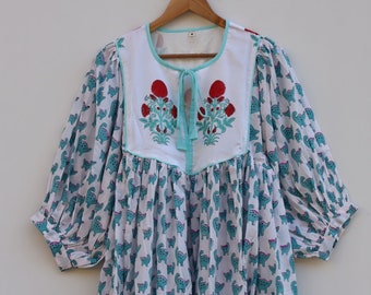 Floral Hand Block Print Cotton Midi Dress: Bohemian Kyra Style