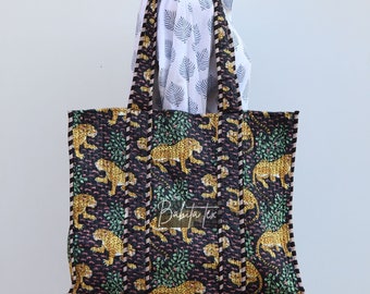 Handmade Quilted Tote Shopping Bag, Animal Print Cotton Market Bag, Jhola Bag, Hippie Bag, Market Bag