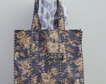 Floral Hand Block Printed Quilted Tote Bag | Ethnic Cotton Shopper