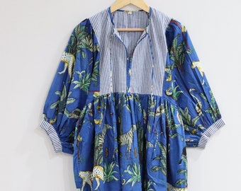 Midikleid aus Baumwolle mit Blumenmuster, Sommerkleid mit Blockprint, Boho-Urlaubskleid, leichte Sommer-Resortkleidung
