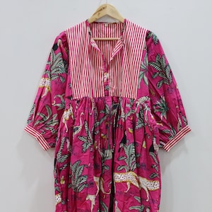 Stripe Jungle Safari Cotton Gauze Block Print Midi Dress, Deep Neck