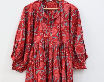 Red Floral Maxi Dress for Women, Boho Cotton Midi Dress, Loose Fit Tiered Dress, Romantic Cottagecore Summer Outfit