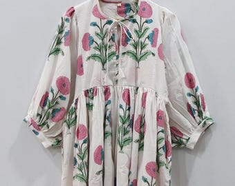 Handmade Floral Cotton Gauze Midi Dress, Boho Summer Beach Cover Up