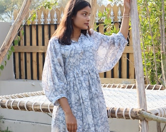 Floral Cotton Midi Dress, Block Print Sundress, Bohemian Vacation Dress, Lightweight Summer Resort Wear