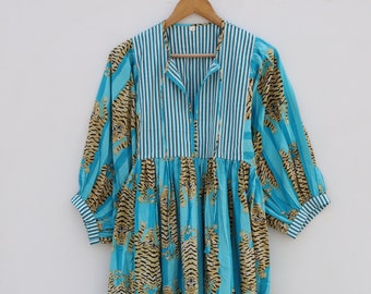 Aqua Blue Tiger Stripes Midi Dress, Mini Dress,  Long Block Print Dress, Deep Neck with string closer