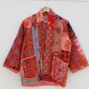 Block print Kantha Robe, Kantha Jacket, handmade Floral Print Embroidered kantha jacket, Japanese style kantha robe, winter jacket,
