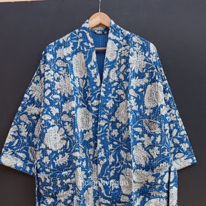 Floral Kantha Robe, Kantha Jacket, handmade Indigo kantha jacket, Japanese style Floral kantha robe, winter jacket boho tie belt coat