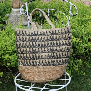 Natural Block Printed Tote Bag - Jute Shopping Bag - Handmade Recycled Fabric Shopper Bag - Colourful Tote Bag - Shoulder Bag - Big Day Bag