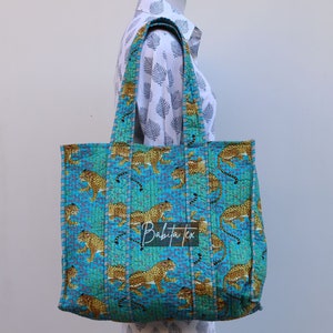 Handmade Quilted Cotton Tote Bag: Animal Print Market Bag