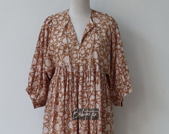 Boho Cotton Midi Dress for Women, Block Print Summer Dress, Floral Indian Dress, Lightweight Vacation Outfit